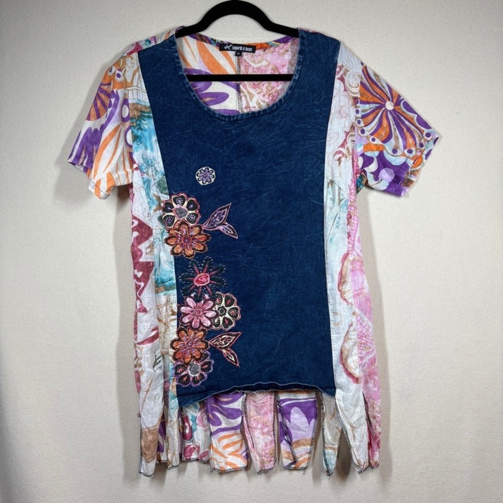 Leopards & Roses Patchwork Floral Embroidered Denim Front Tunic Top Blue Pink XL
